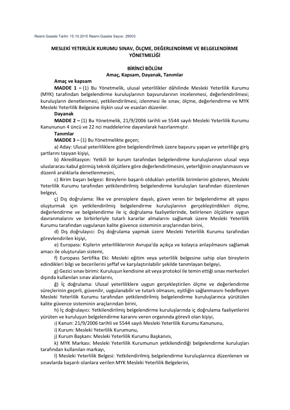 MYK Sınav, Ölçme, Değerlendirme ve Belgelendirme Yönetmeliği önizleme